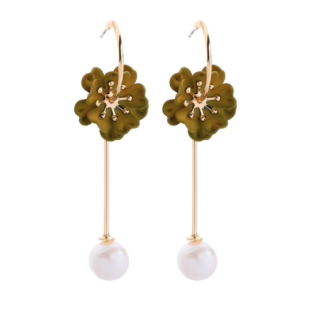 Goldtone Olive Green Imitation Pearl Hooped Earrings